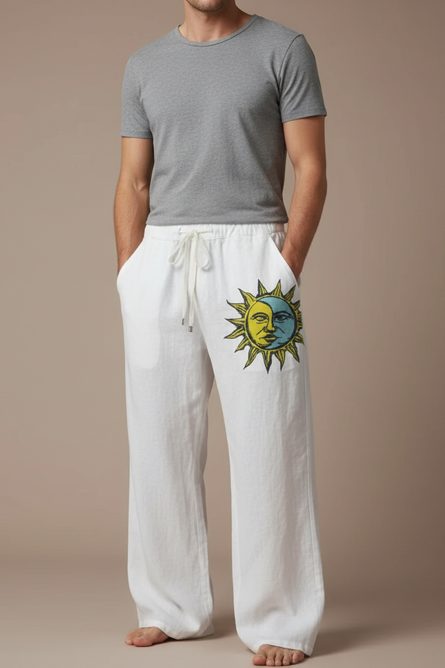 Pantalon Fluide Blanc Ample Lin Imprimé Soleil Cordon