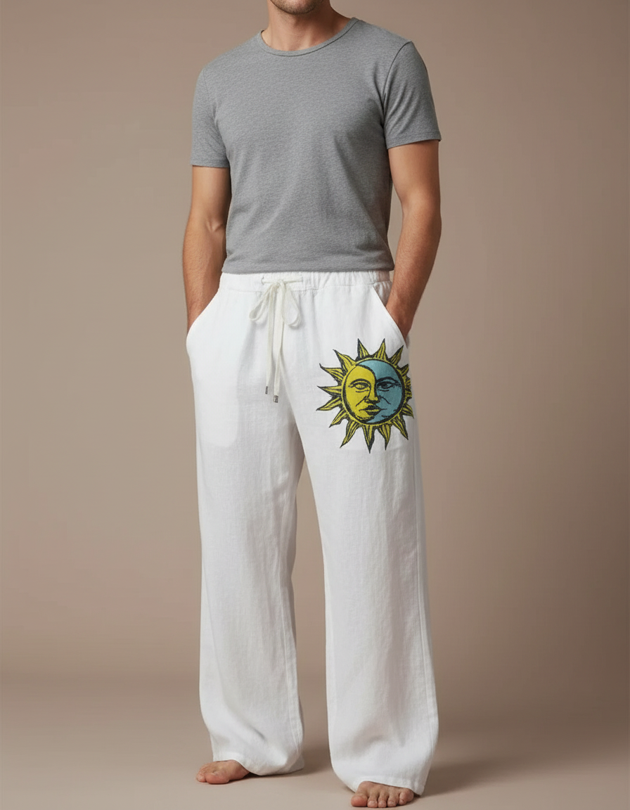 Pantalon Fluide Blanc Ample Lin Imprimé Soleil Cordon