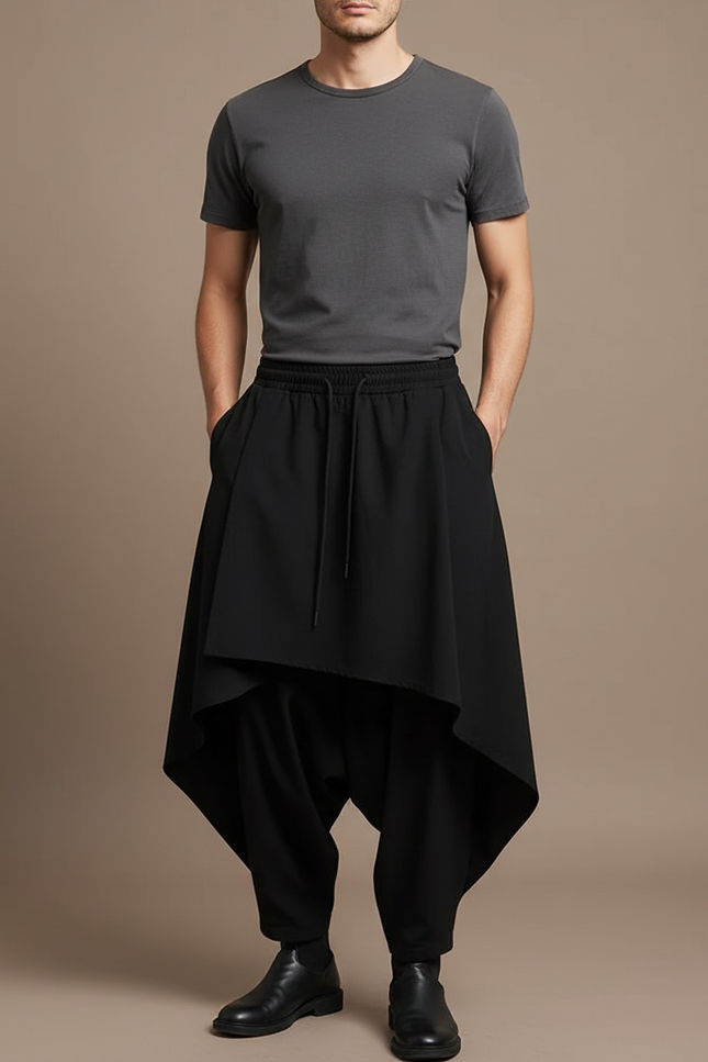 Pantalon Fluide Noir Ample Harem Asymétrique Homme - Viscose