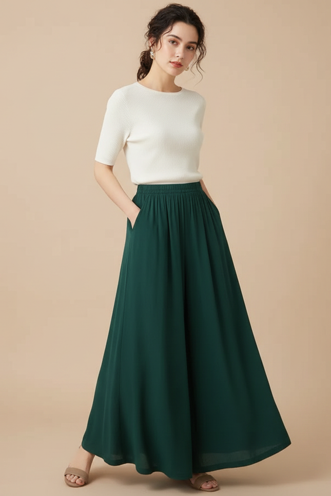 Pantalon Fluide Vert Émeraude Ample Taille Élastiquée Élégant - Viscose