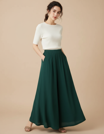Pantalon Fluide Vert Émeraude Ample Taille Élastiquée Élégant - Viscose