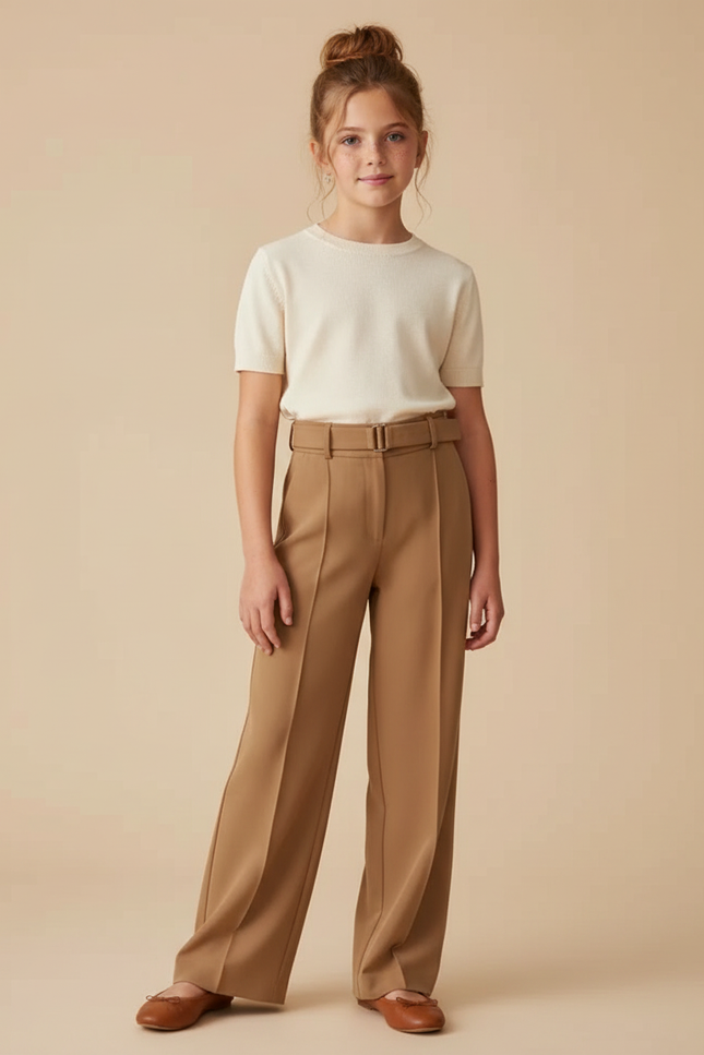Pantalon Fluide Marron Droit Taille Haute Élégant - Polyester