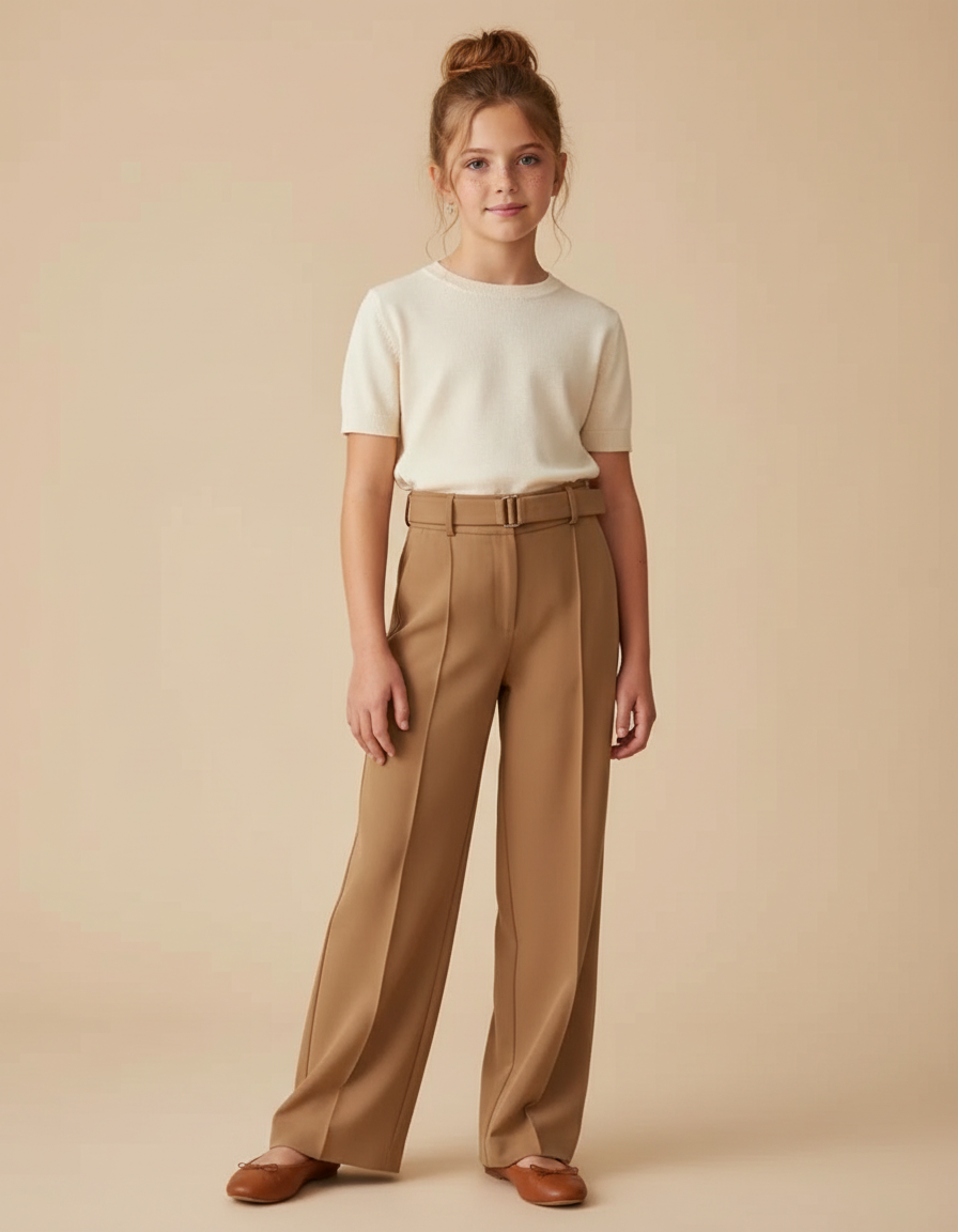 Pantalon Fluide Marron Droit Taille Haute Élégant - Polyester