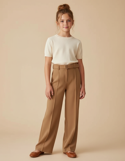 Pantalon Fluide Marron Droit Taille Haute Élégant - Polyester
