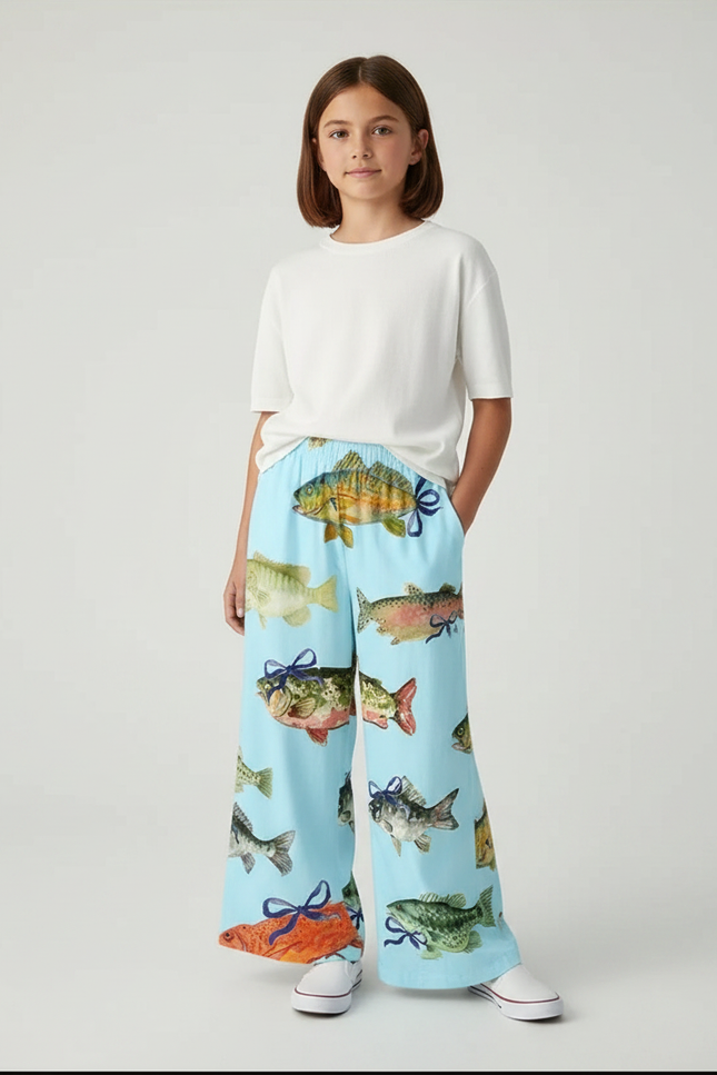Pantalon Fluide Bleu Poissons Ample Décontracté Enfant - Viscose