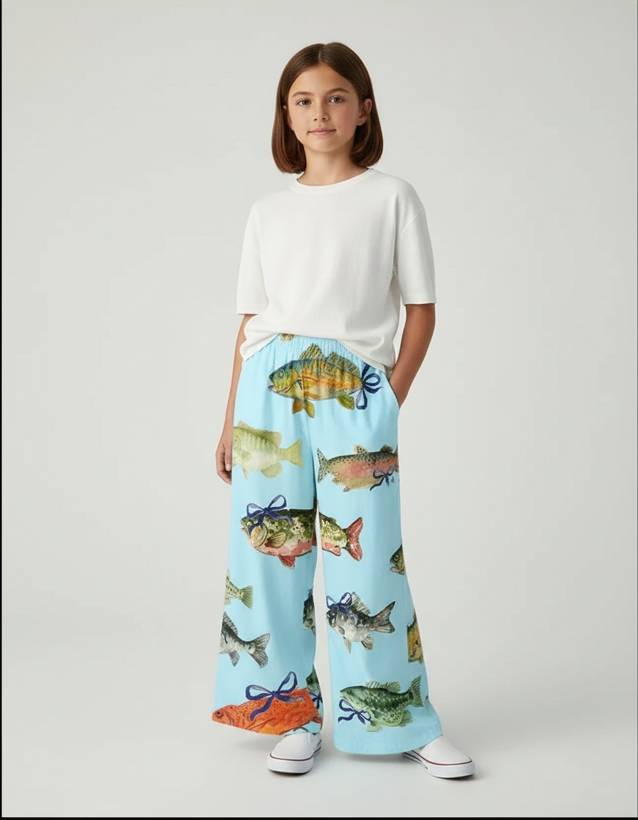 Pantalon Fluide Bleu Poissons Ample Décontracté Enfant - Viscose