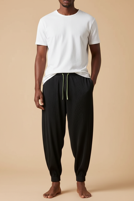 Pantalon Fluide Noir Plissé Ample Cordon Homme - Polyester