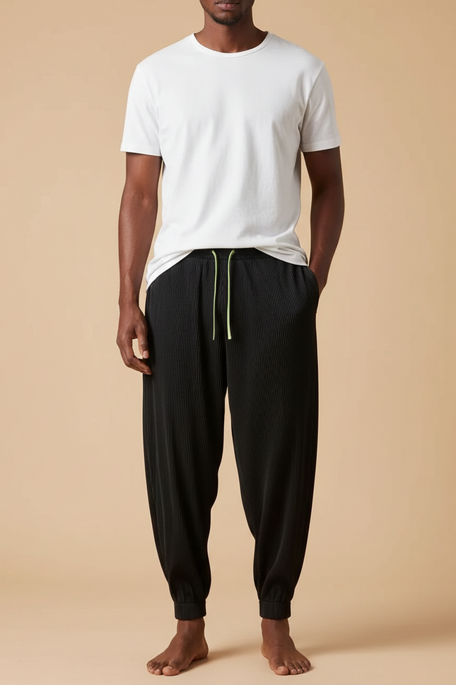 Pantalon Fluide Noir Plissé Ample Cordon Homme - Polyester