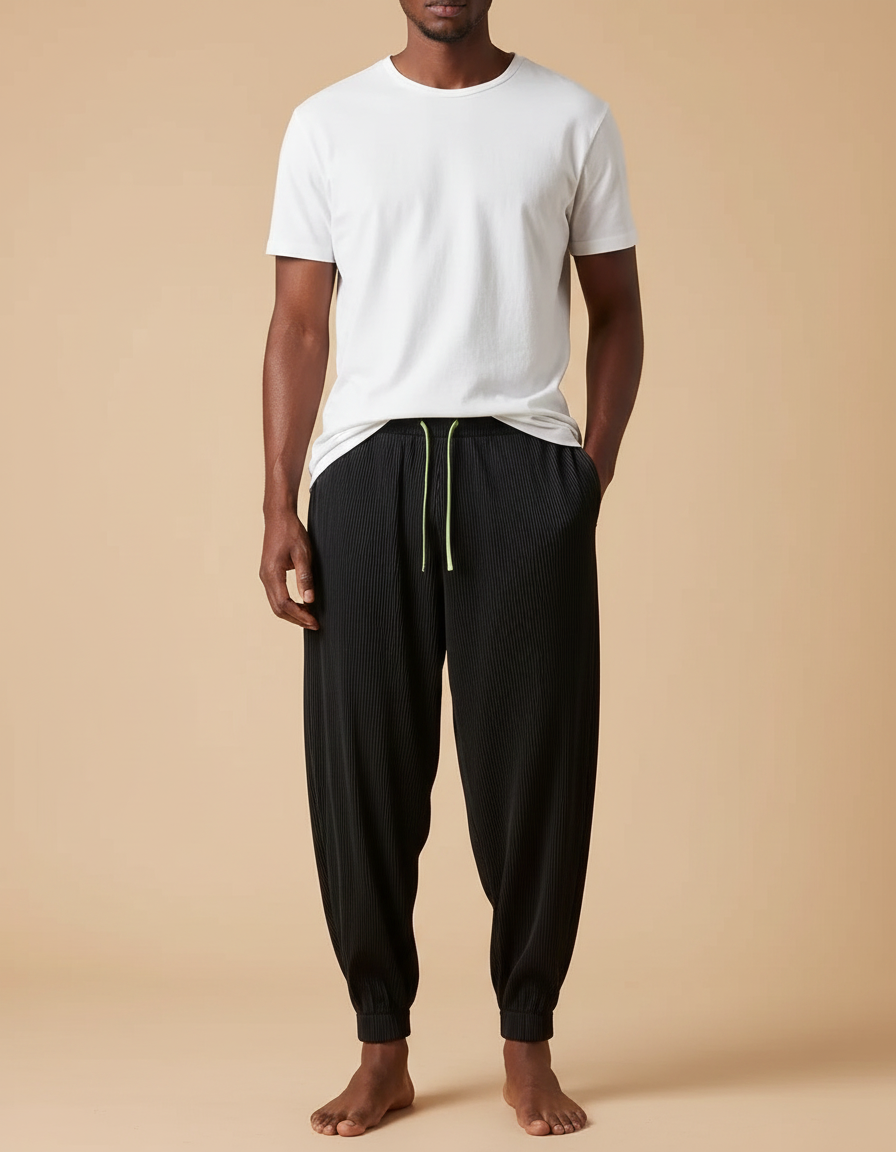Pantalon Fluide Noir Plissé Ample Cordon Homme - Polyester