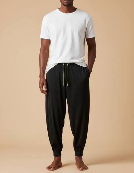 Pantalon Fluide Noir Plissé Ample Cordon Homme - Polyester