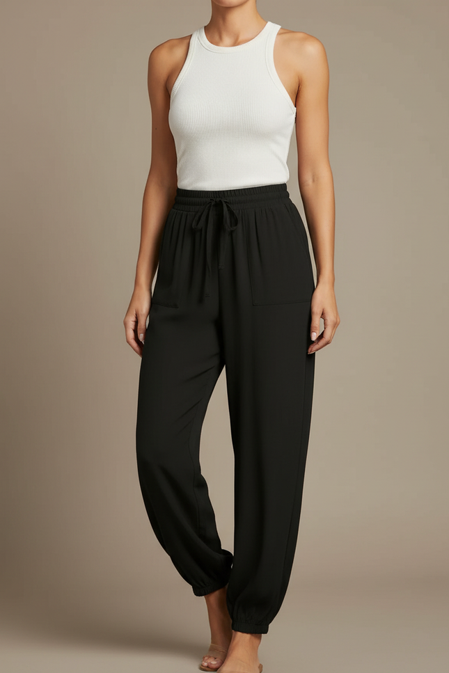 Pantalon Fluide Noir Ample Casual Élastique - Polyester