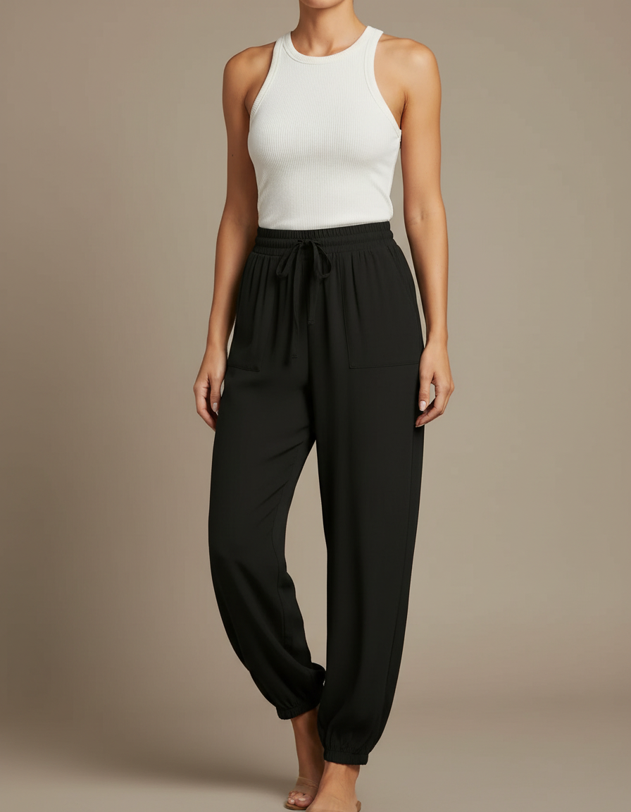 Pantalon Fluide Noir Ample Casual Élastique - Polyester