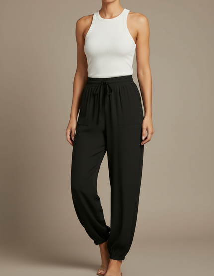 Pantalon Fluide Noir Ample Casual Élastique - Polyester