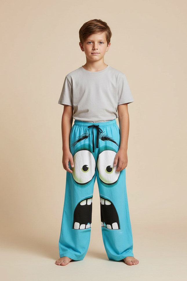 Pantalon Fluide Bleu Ample Imprimé Monstre Rigolo Enfant - Viscose