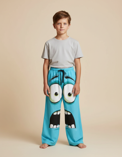 Pantalon Fluide Bleu Ample Imprimé Monstre Rigolo Enfant - Viscose