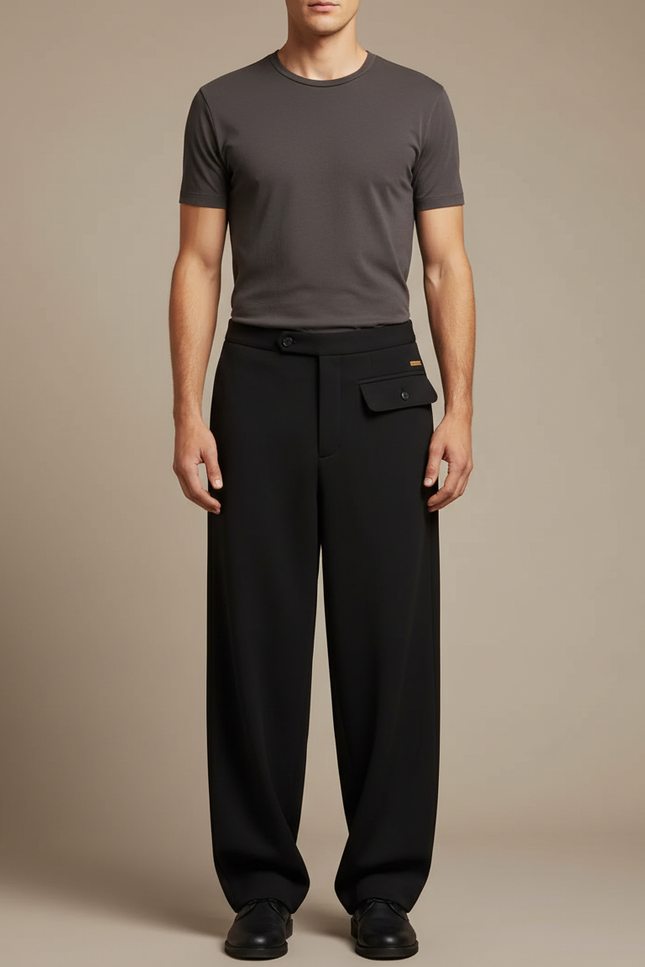 Pantalon Fluide Noir Ample Laine Élégant Décontracté Homme