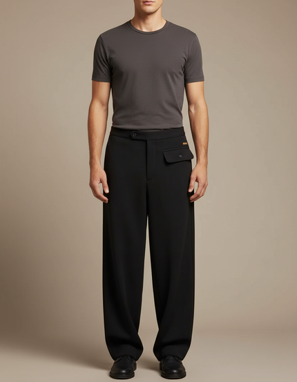 Pantalon Fluide Noir Ample Laine Élégant Décontracté Homme