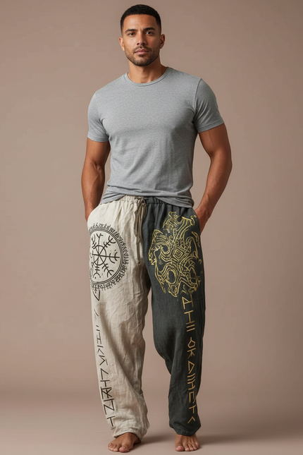 Pantalon Fluide Bicolore Lin Imprimé Totem Ethnique Homme - Multicolore