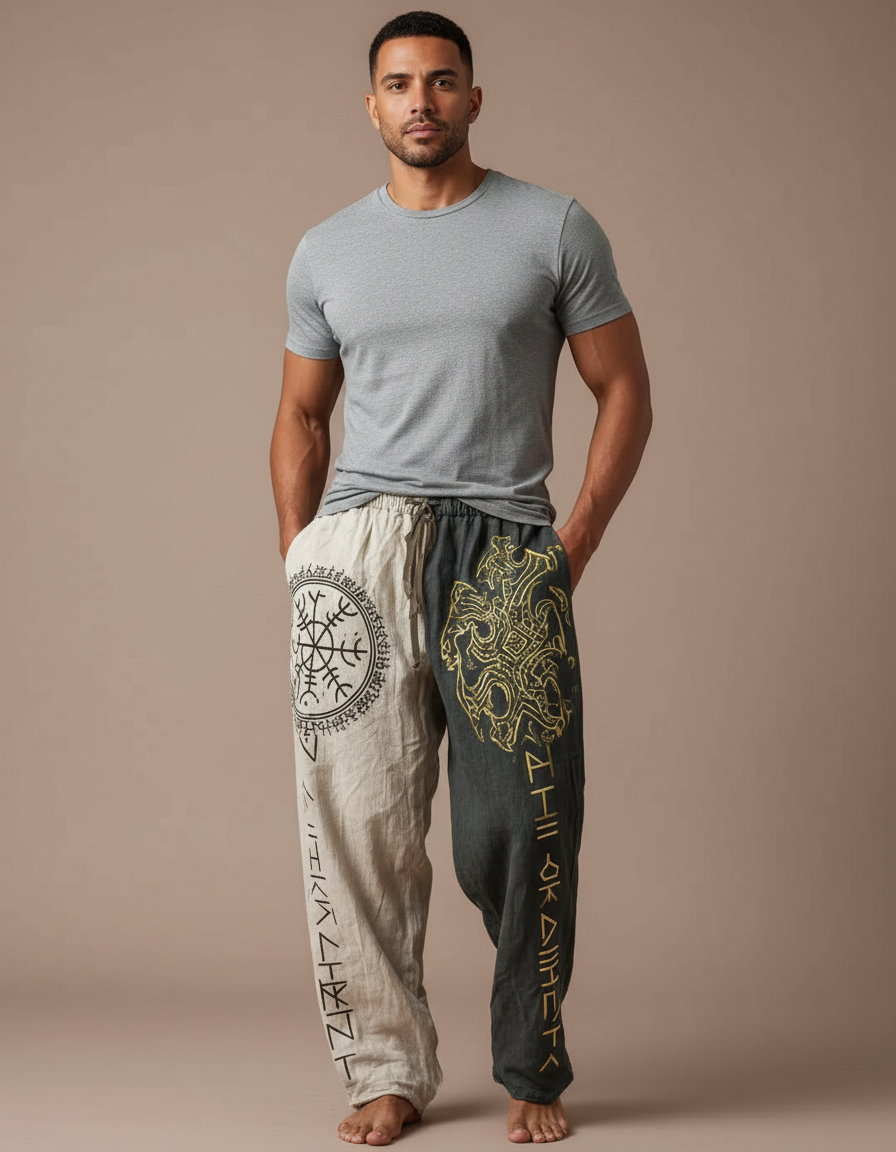 Pantalon Fluide Bicolore Lin Imprimé Totem Ethnique Homme - Multicolore