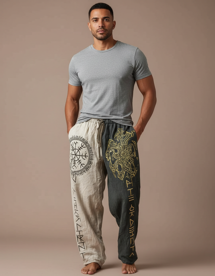 Pantalon Fluide Bicolore Lin Imprimé Totem Ethnique Homme - Multicolore