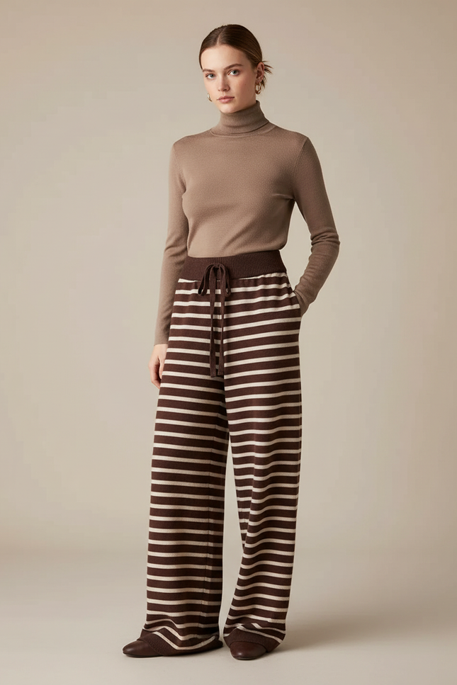 Pantalon Fluide Marron Rayé Tricot Ample Décontracté - Maille