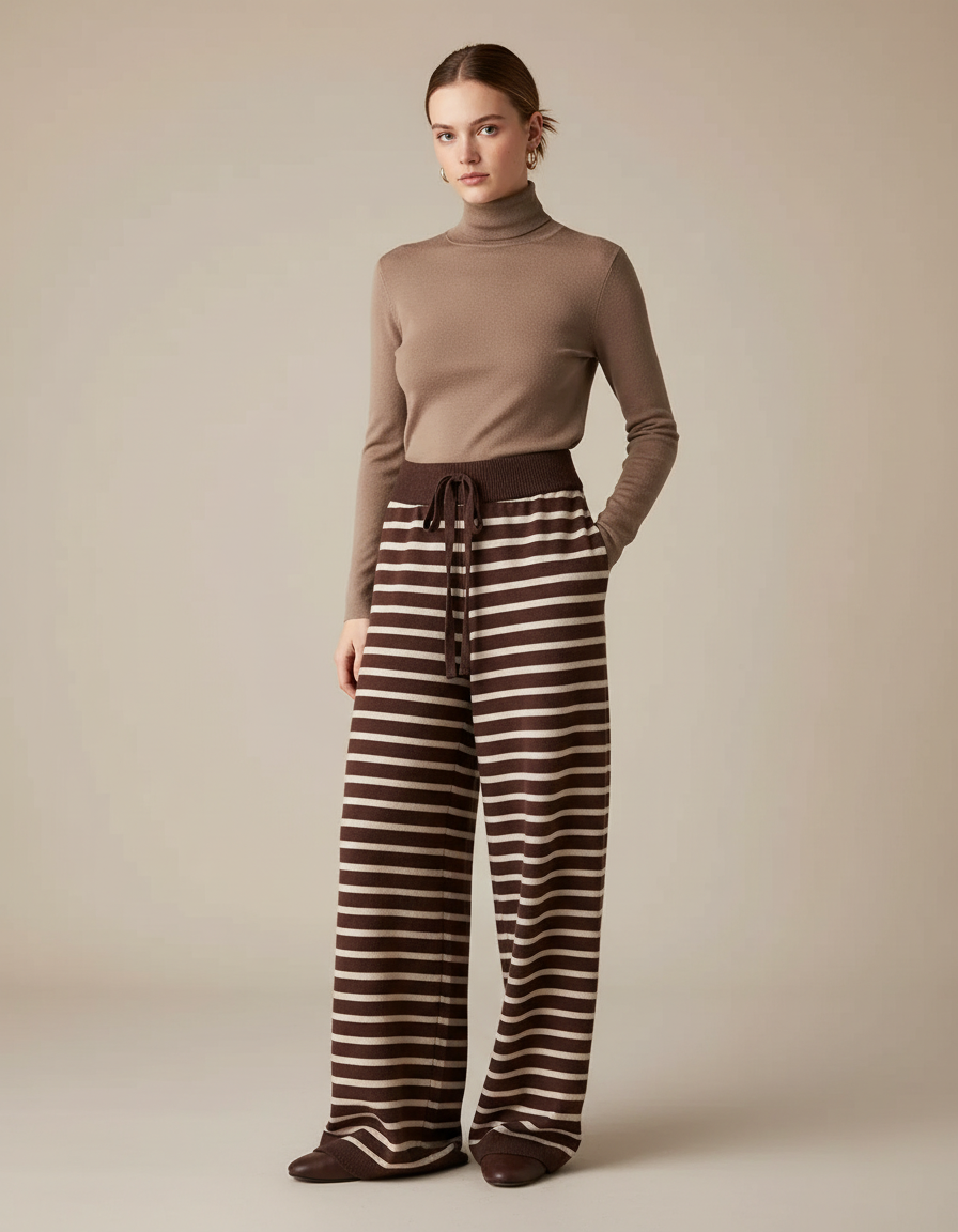 Pantalon Fluide Marron Rayé Tricot Ample Décontracté - Maille