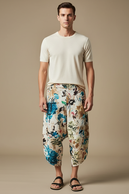 Pantalon Fluide Imprimé Floral Harem Coton Lin Décontracté