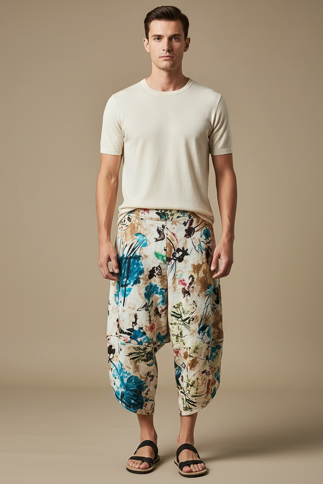Pantalon Fluide Imprimé Floral Harem Coton Lin Décontracté