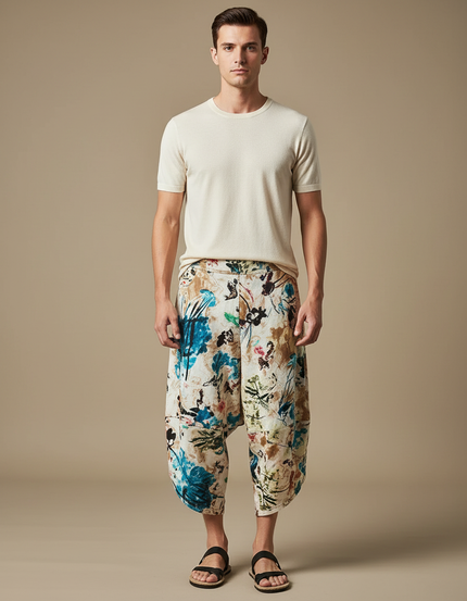 Pantalon Fluide Imprimé Floral Harem Coton Lin Décontracté