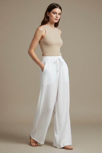 Pantalon Fluide Blanc Ample Coton Texturé Décontracté