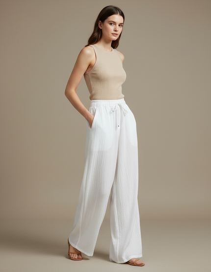 Pantalon Fluide Blanc Ample Coton Texturé Décontracté