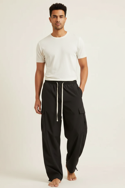 Pantalon Fluide Noir Ample Cargo Cordon Décontracté Homme - Polyester
