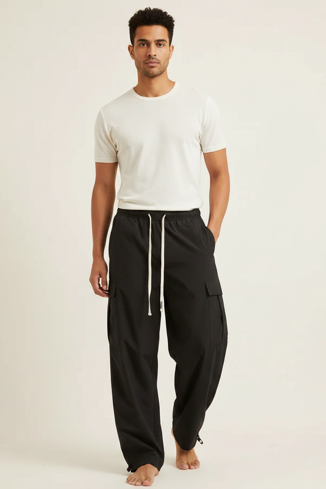 Pantalon Fluide Noir Ample Cargo Cordon Décontracté Homme - Polyester