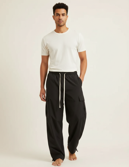Pantalon Fluide Noir Ample Cargo Cordon Décontracté Homme - Polyester