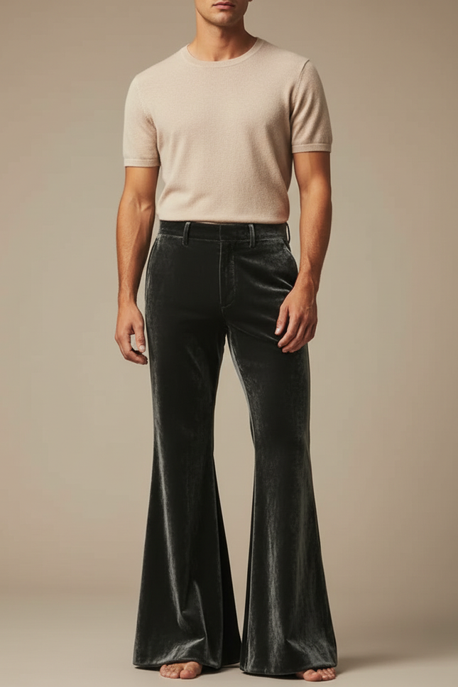 Pantalon Fluide Velours Gris Élégant Évasé Homme