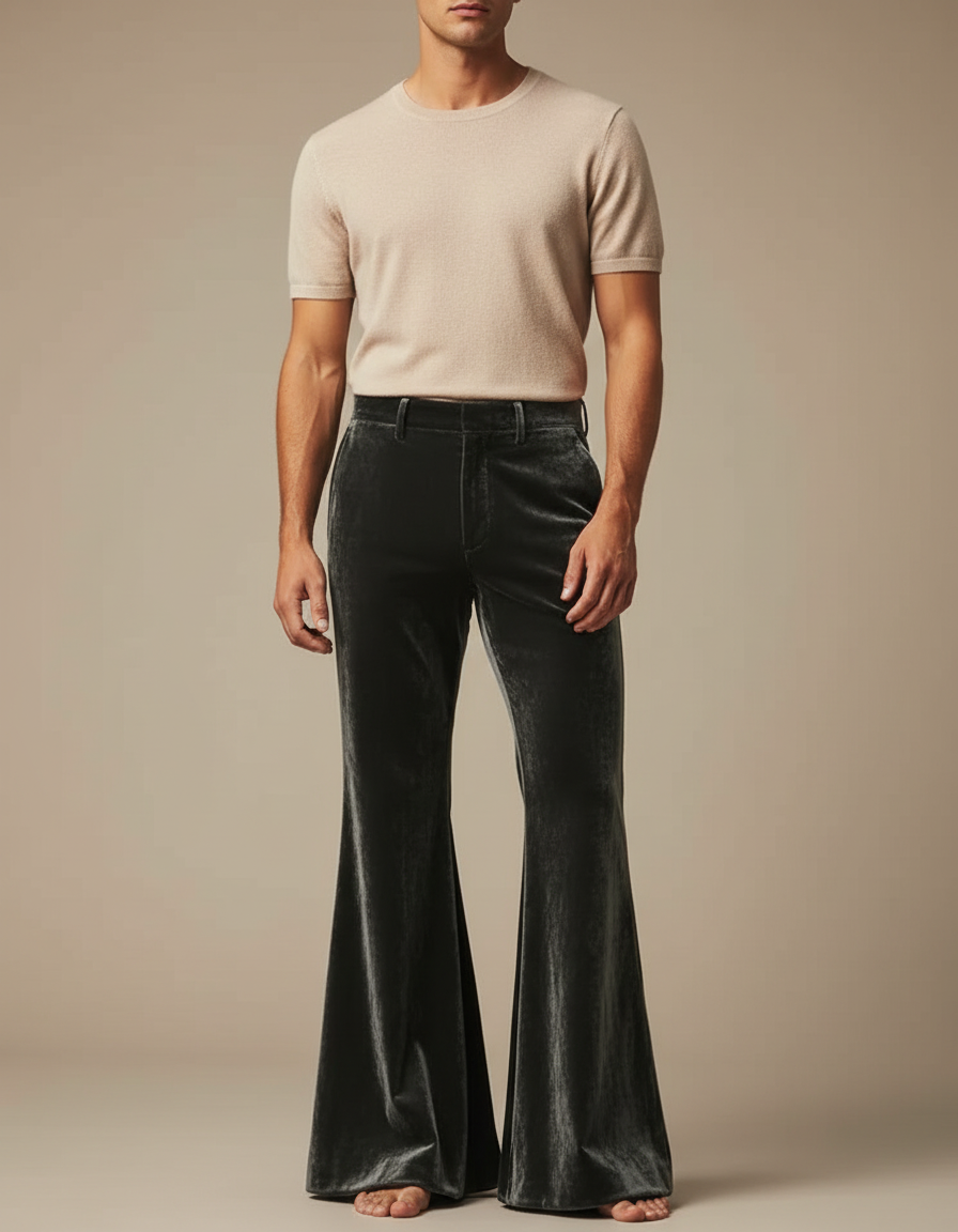 Pantalon Fluide Velours Gris Élégant Évasé Homme