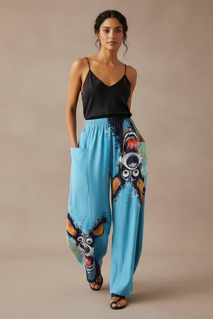 Pantalon Fluide Bleu Ample Imprimé Chiens Coloré Décontracté - Viscose