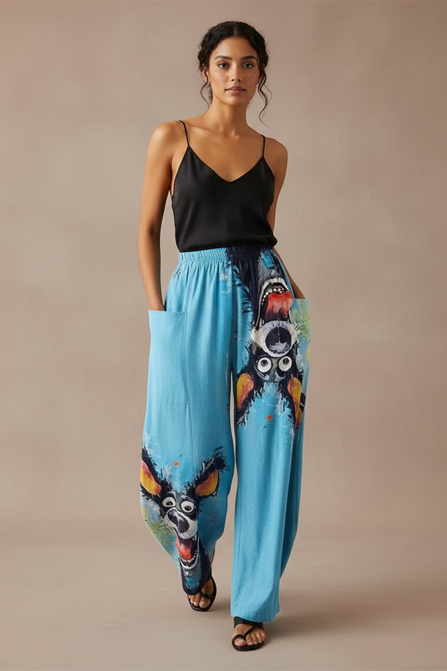 Pantalon Fluide Bleu Ample Imprimé Chiens Coloré Décontracté - Viscose