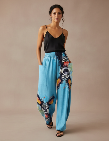 Pantalon Fluide Bleu Ample Imprimé Chiens Coloré Décontracté - Viscose