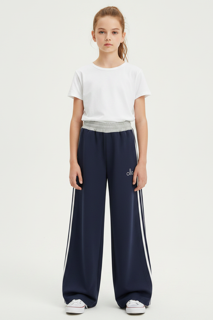 Pantalon Fluide Bleu Marine Ample Rayures Blanches Fille - Molleton