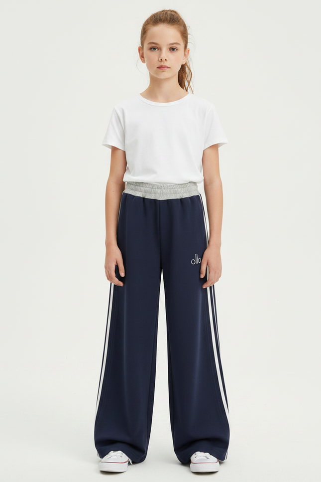 Pantalon Fluide Bleu Marine Ample Rayures Blanches Fille - Molleton