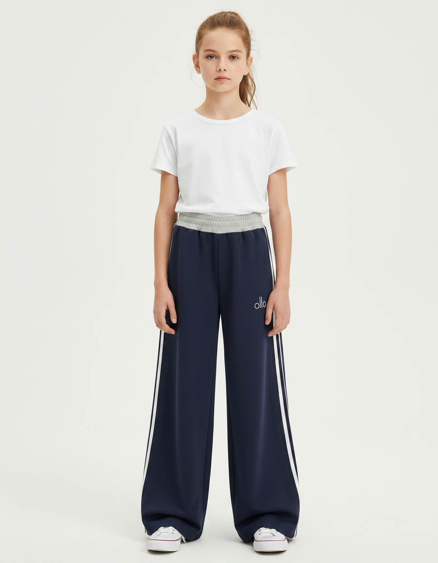 Pantalon Fluide Bleu Marine Ample Rayures Blanches Fille - Molleton