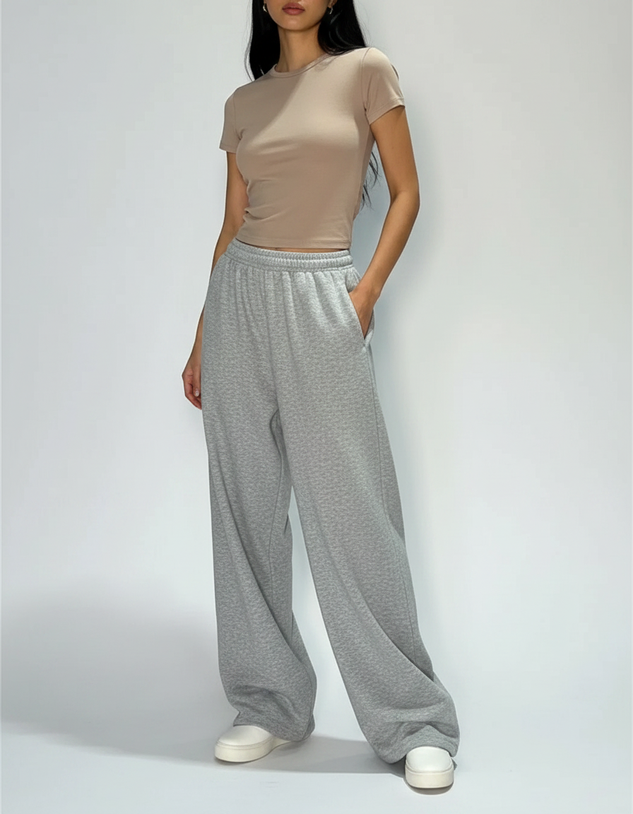 Pantalon Fluide Gris Ample Décontracté Molleton Jogger