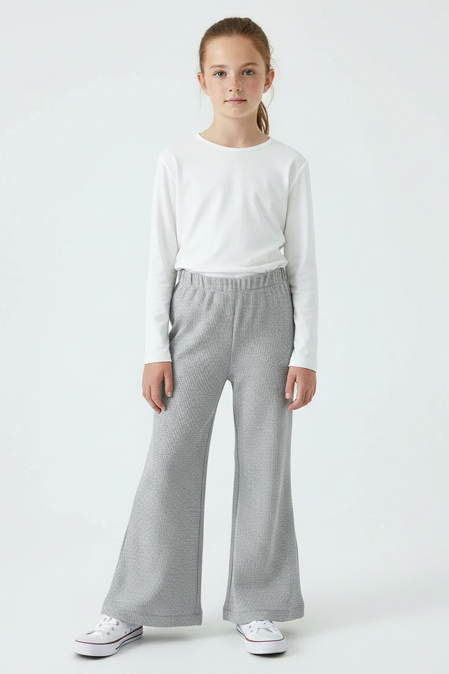 Pantalon Fluide Gris Maille Côtelée Évasé Confortable