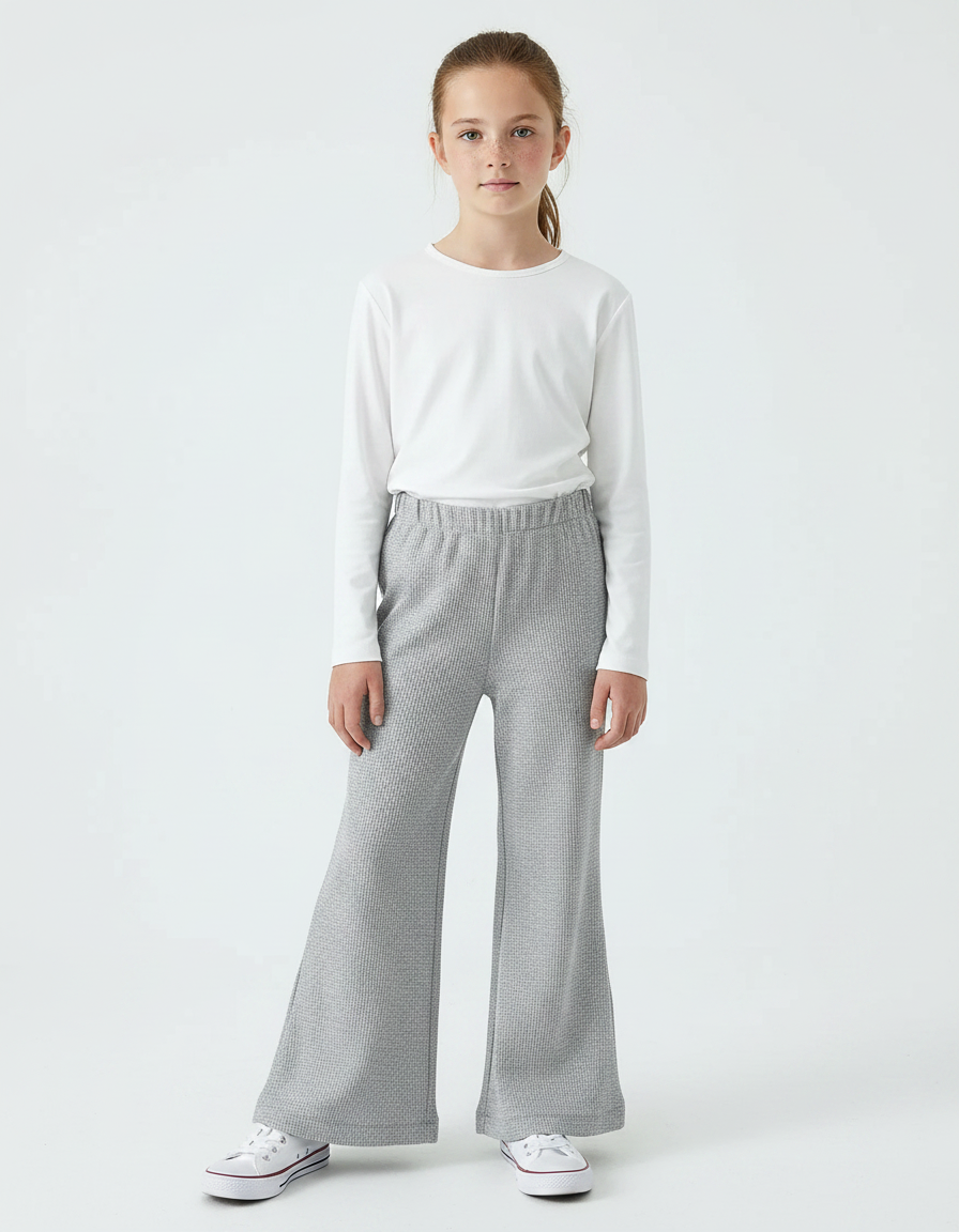 Pantalon Fluide Gris Maille Côtelée Évasé Confortable