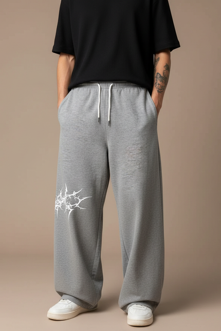 Pantalon Fluide Gris Ample Imprimé Gothique Décontracté Homme - Molleton