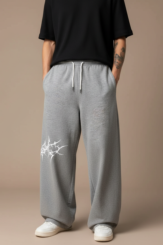 Pantalon Fluide Gris Ample Imprimé Gothique Décontracté Homme - Molleton