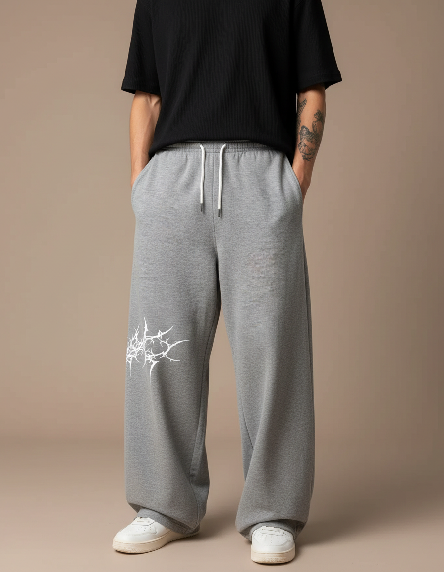 Pantalon Fluide Gris Ample Imprimé Gothique Décontracté Homme - Molleton