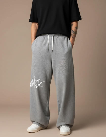Pantalon Fluide Gris Ample Imprimé Gothique Décontracté Homme - Molleton