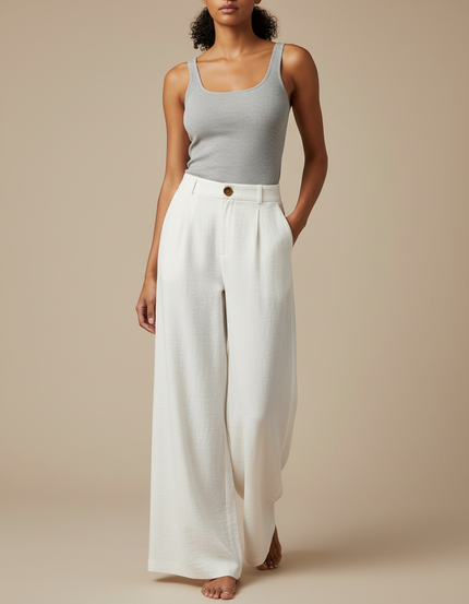 Pantalon Fluide Blanc Ample Taille Haute Décontracté Élégant - Lin